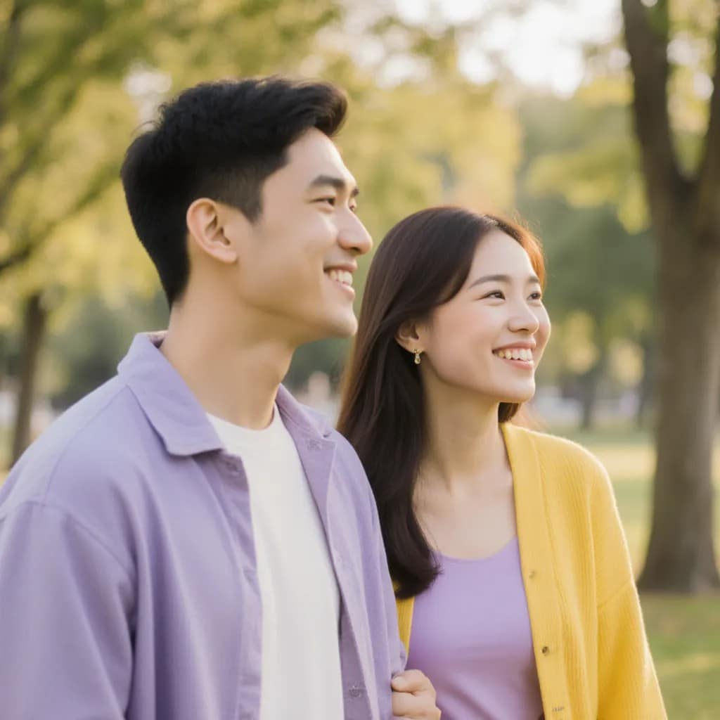 Un jeune homme et une jeune femme souriant et marchant ensemble dehors dans un parc ensoleillé, entourés d’arbres verts. L’homme porte un chandail violet clair, et la femme porte un cardigan jaune par-dessus un haut violet.