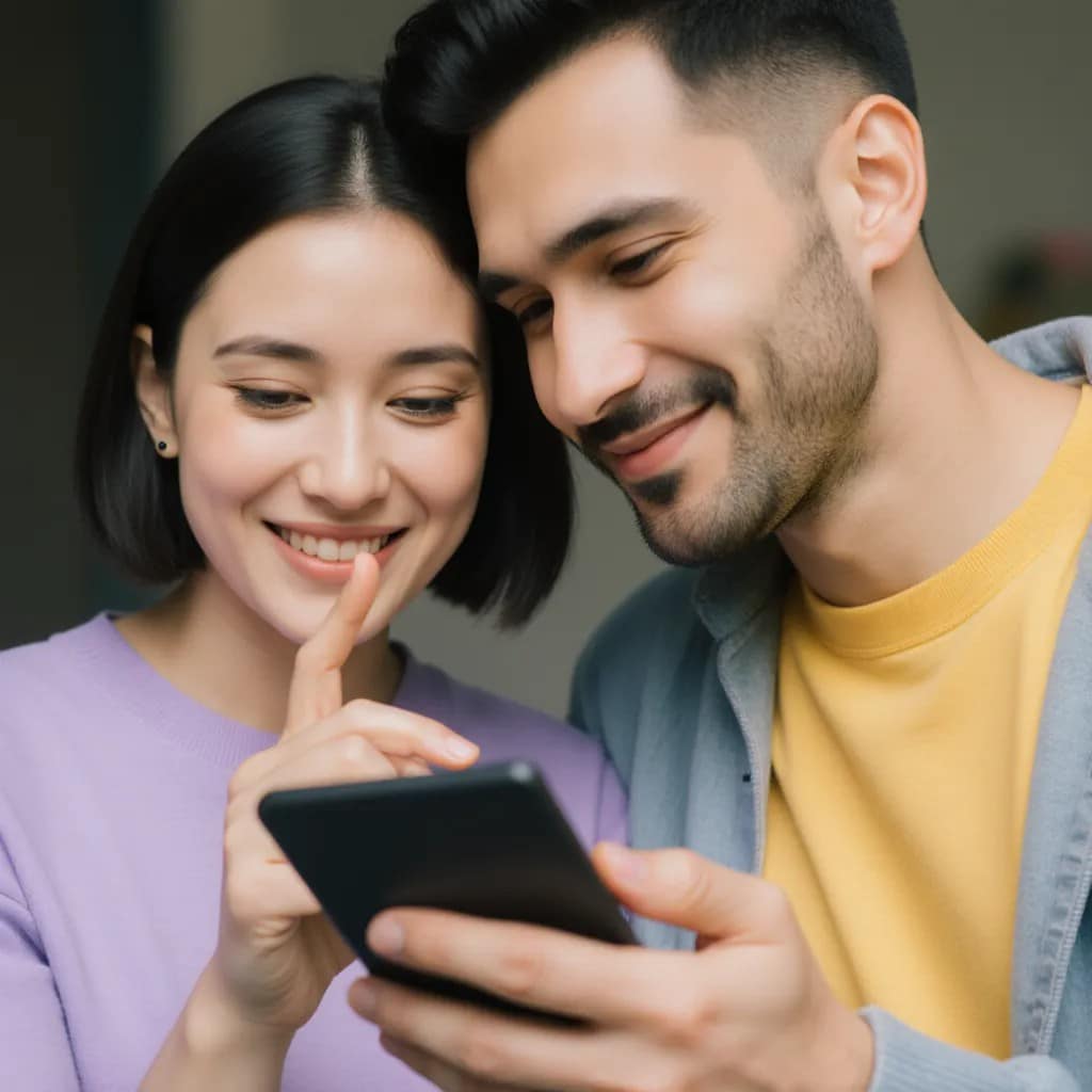 Une femme et un homme souriants se tiennent près l’un de l’autre, regardant un téléphone intelligent. La femme, vêtue d’un haut lavande, fait un geste vers ses lèvres du doigt, tandis que l’homme, vêtu d’une chemise jaune et d’une veste grise, tient le téléphone.