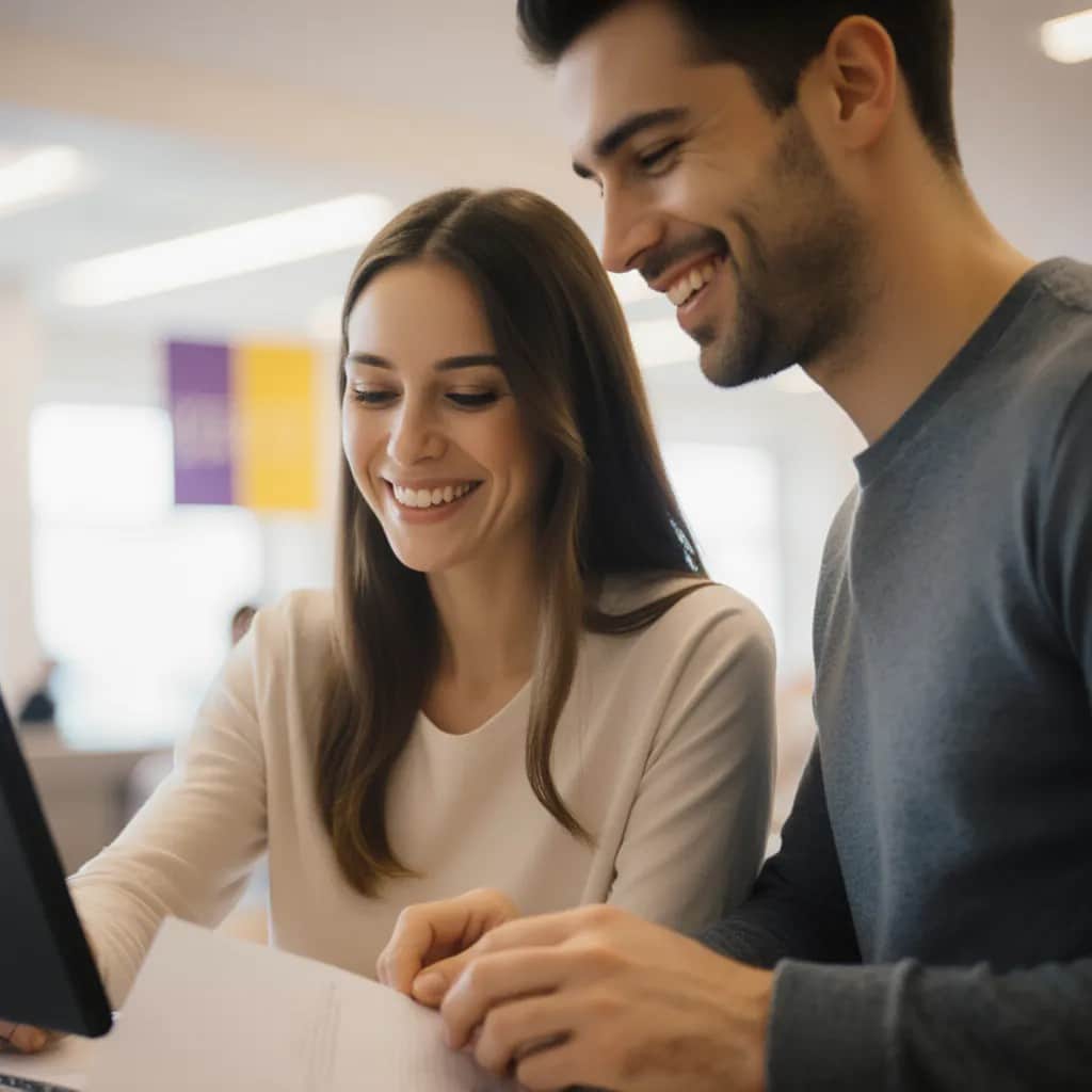 Deux personnes, une femme et un homme, sourient et regardent un document ensemble assises à un bureau dans un environnement de bureau lumineux et moderne.