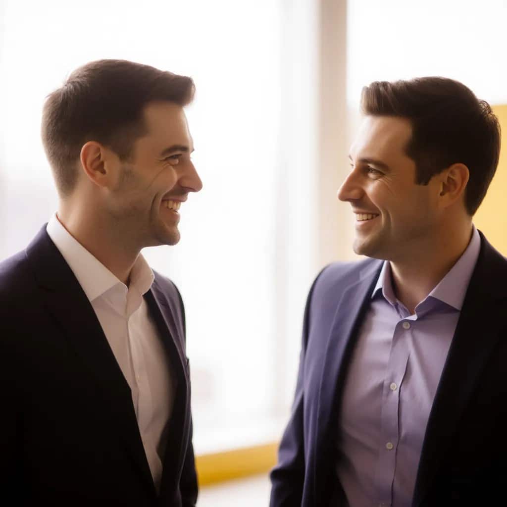 Deux hommes en complet d’affaires se font face à l’intérieur, souriant et semblant engagés dans une conversation amicale. L’arrière-plan est doucement éclairé et flou.