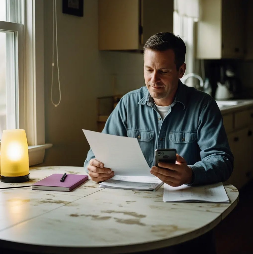 Un homme est assis à une table ronde de cuisine, tenant des papiers et un téléphone intelligent. Une lampe allumée, un carnet fermé et un stylo sont posés sur la table. La lumière du soleil traverse une fenêtre, illuminant la pièce douillet.