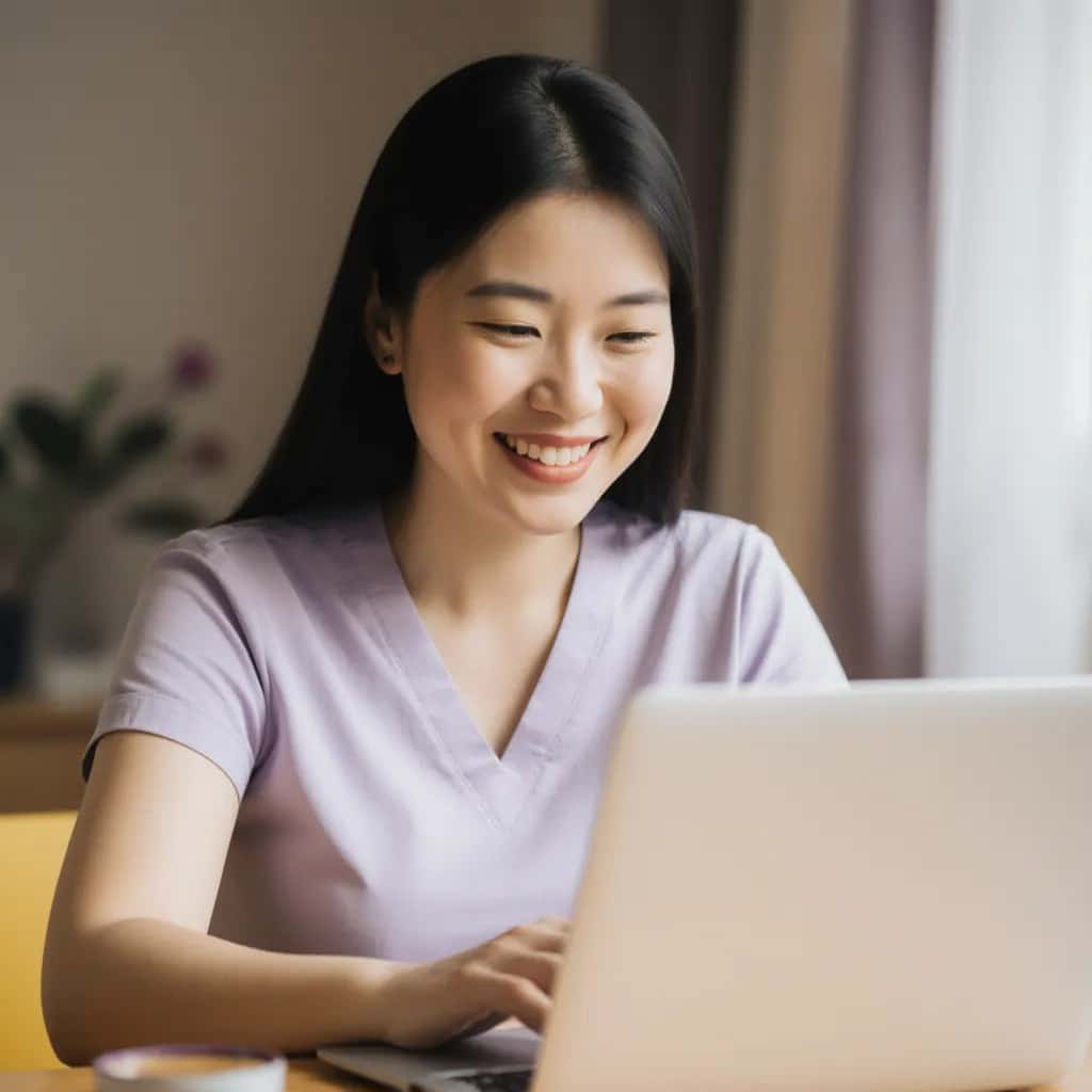 Une femme aux longs cheveux noirs, vêtue d’un chandail violet clair, sourit en tapant sur un ordinateur portable à un bureau dans une pièce bien éclairée avec des éléments flous en arrière-plan.