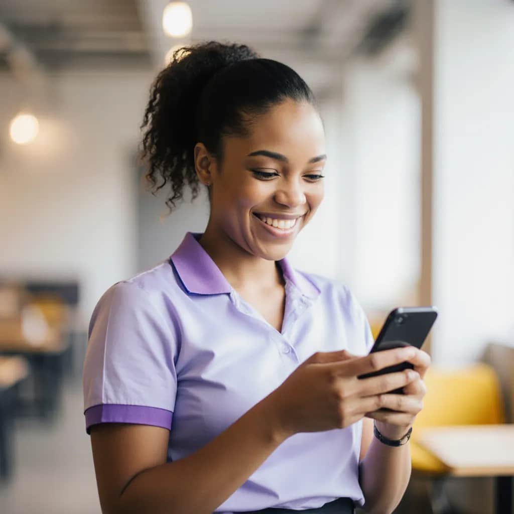 Une femme souriante en polo violet pâle regarde son téléphone intelligent dans un décor intérieur lumineux et moderne, avec des tables et des chaises floues en arrière-plan.