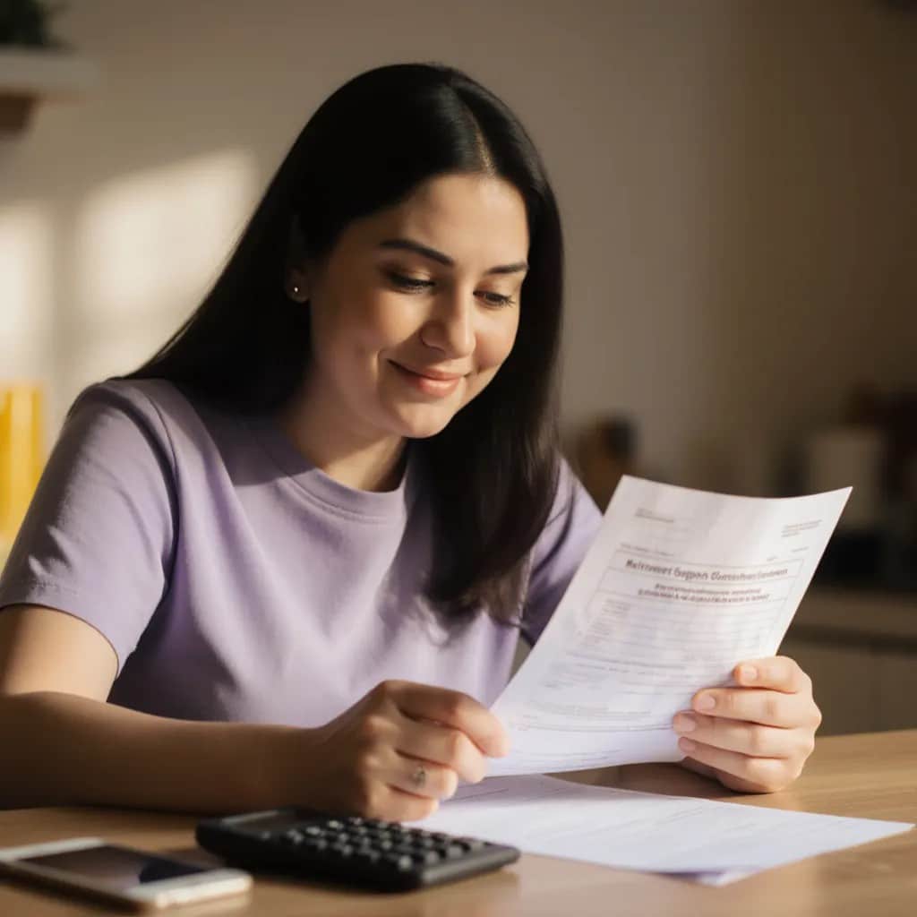 Une femme aux longs cheveux foncés, vêtue d’une chemise lavande, est assise à une table en souriant en lisant un document. Une calculatrice et un stylo sont posés sur la table devant elle. La lumière du soleil traverse la pièce.