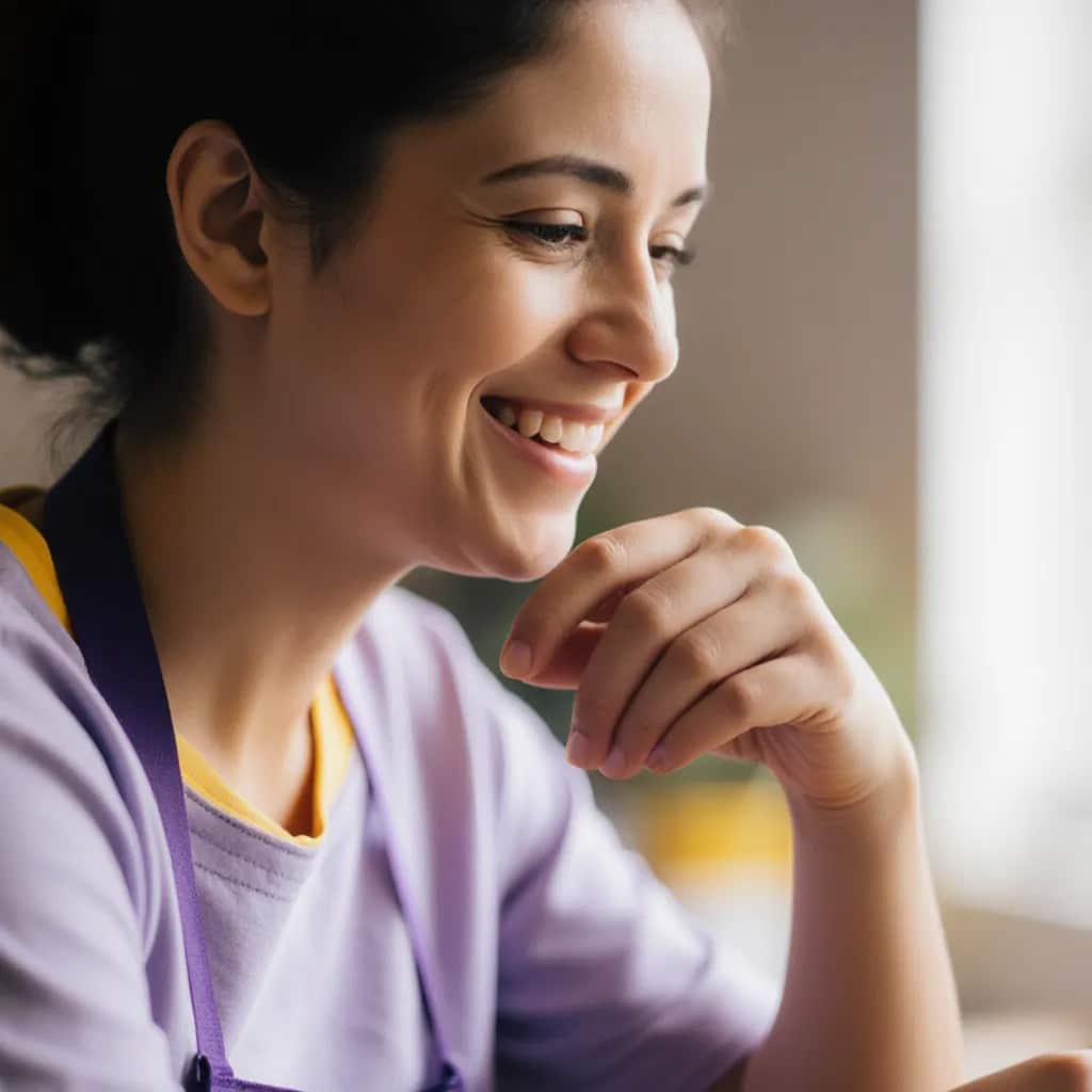 Une jeune femme aux cheveux foncés sourit en regardant quelque chose hors caméra. Elle porte un tablier violet par-dessus une chemise légère et semble être dans un environnement intérieur bien éclairé.