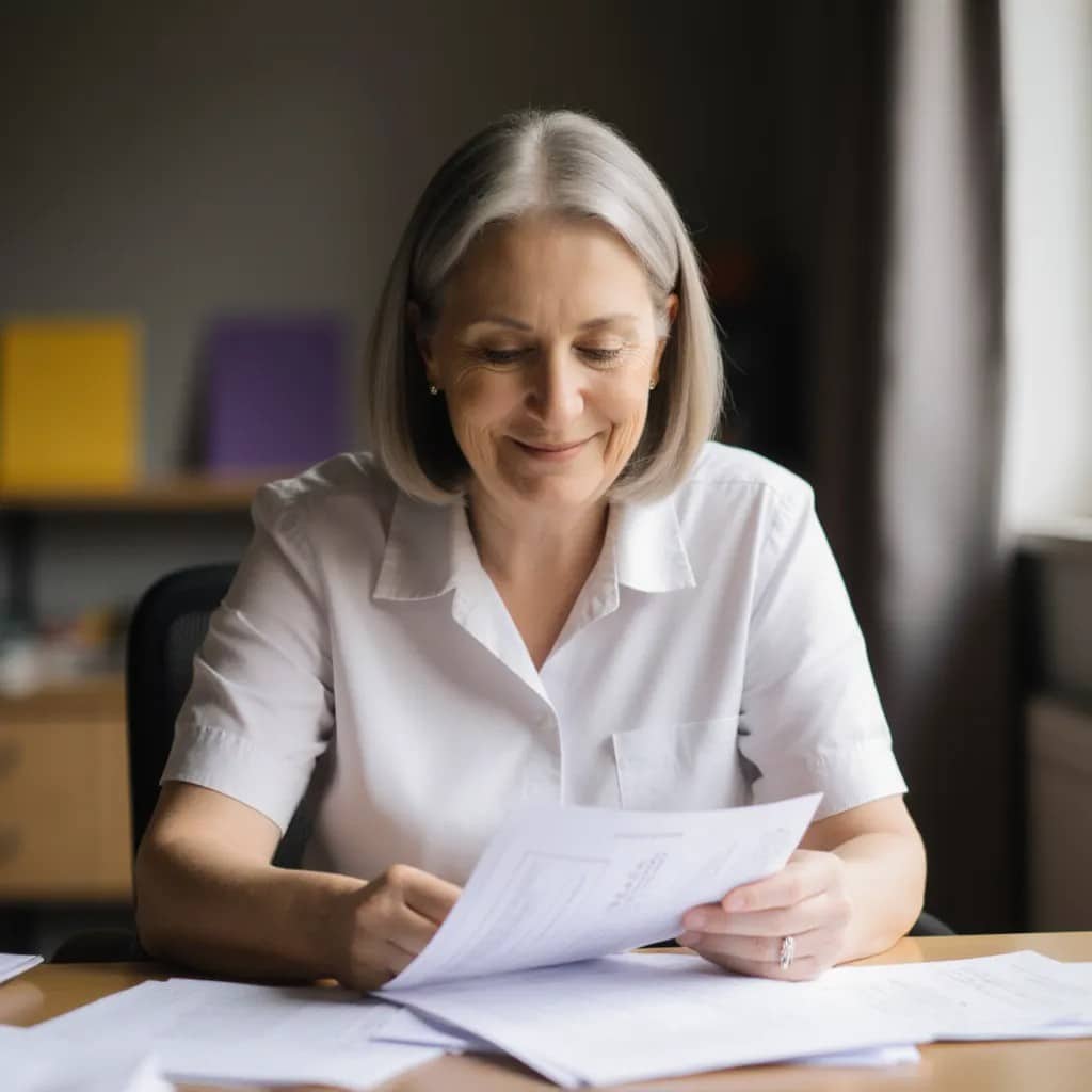 Une femme aux cheveux gris courts est assise à un bureau, souriant en lisant des journaux. Elle porte une chemise blanche et est entourée de documents éparpillés dans une pièce lumineuse et faiblement éclairée.