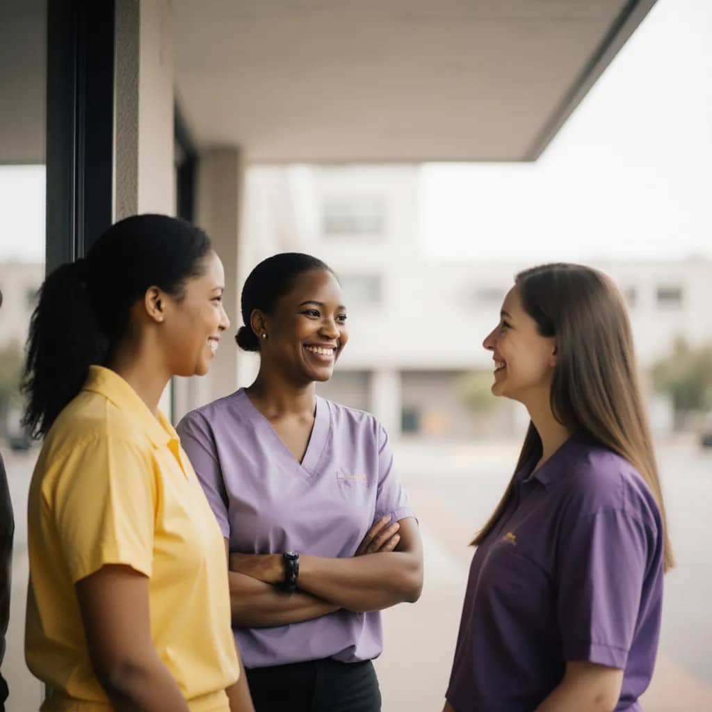 Trois femmes vêtues de blouses colorées se tiennent devant un bâtiment, souriant et discutant ensemble. Deux portent des chemises jaunes et violettes, tandis qu’une porte un haut lavande avec les bras croisés. L’ambiance semble détendue et conviviale.