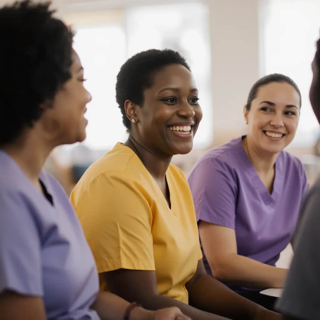 Trois femmes souriantes en uniforme médical coloré sont assises ensemble à l’intérieur, semblant avoir une conversation amicale dans un environnement lumineux et détendu.