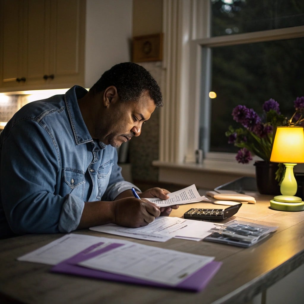 Un homme est assis à une table de cuisine le soir, concentré sur la paperasse, un stylo à la main. Une calculatrice, des dossiers et des documents sont étalés, avec une lampe et un vase de fleurs violettes à proximité.