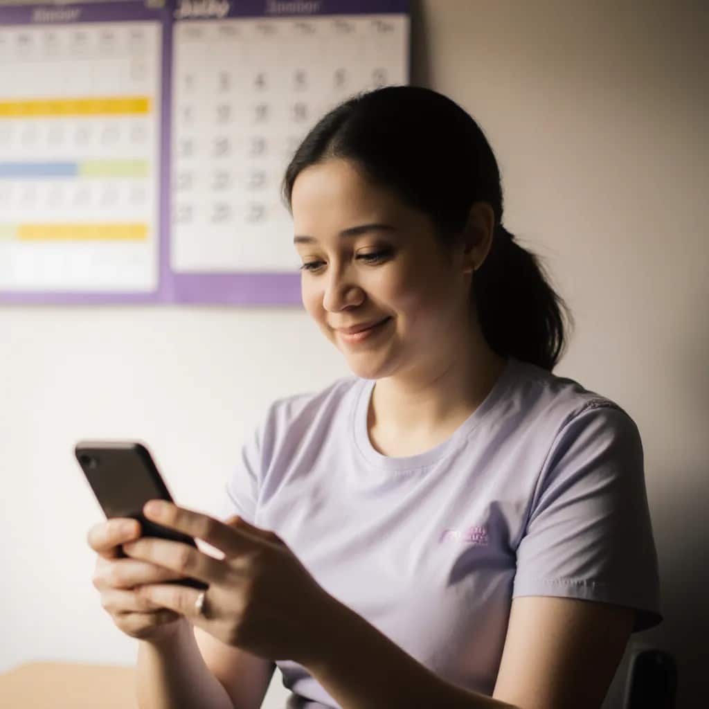 Une femme en chandail violet clair sourit en regardant son téléphone intelligent. Un calendrier mural est visible en arrière-plan. L’éclairage est doux et naturel.