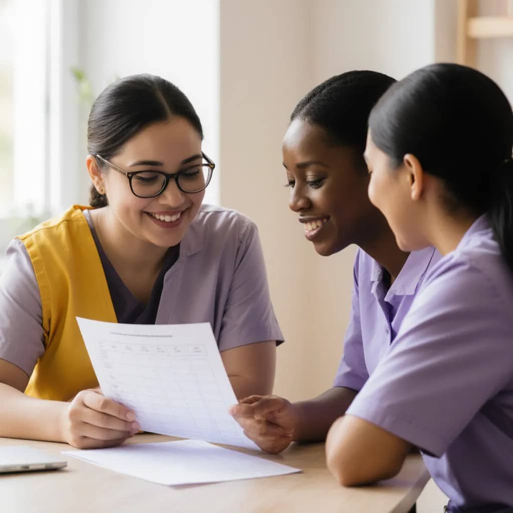 Trois femmes en uniforme assorti sont assises à une table, souriant et regardant ensemble un document, semblant collaborer ou revoir un horaire dans une pièce lumineuse et bien éclairée.