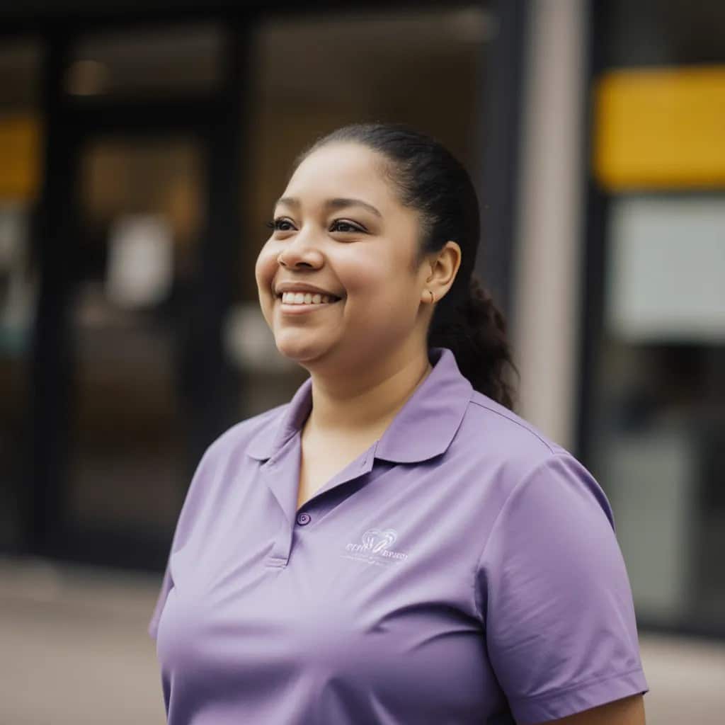 Une femme aux cheveux foncés attachés en arrière, vêtue d’un polo lavande, sourit en se tenant dehors devant une entrée floue du bâtiment.