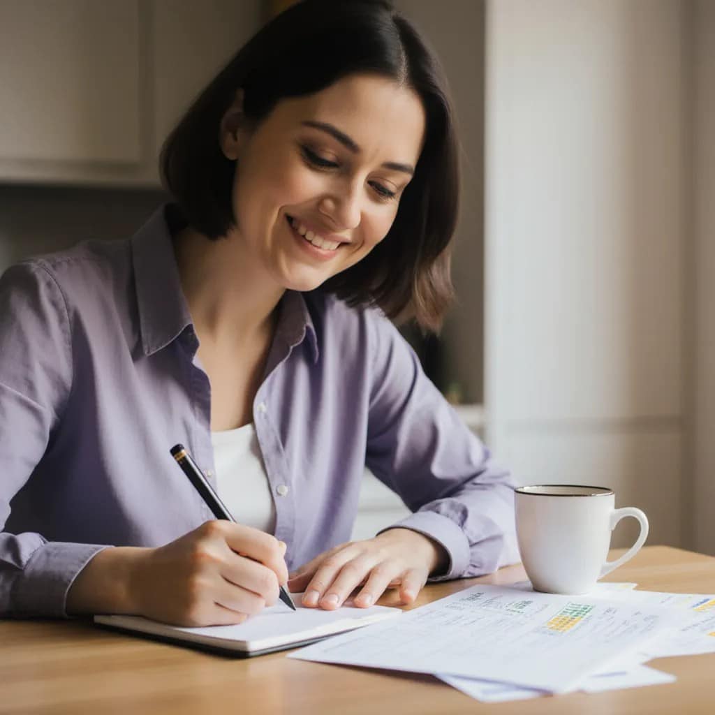 Une femme aux cheveux bruns courts sourit en écrivant dans un carnet à une table, avec des documents et une tasse à café devant elle dans un cadre intérieur lumineux.