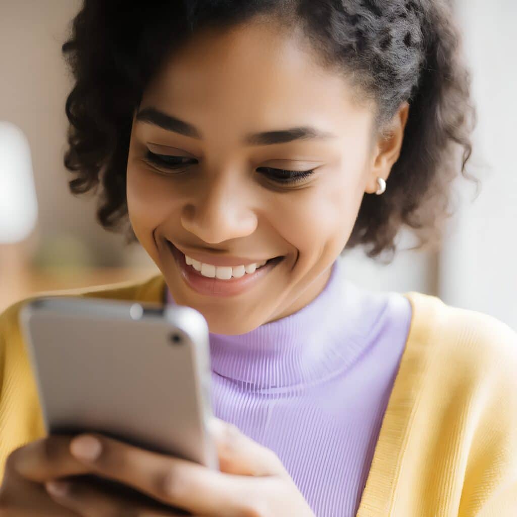 A young woman with curly hair smiles while looking at a smartphone. She is wearing a yellow cardigan over a lavender top and is indoors, with soft natural light illuminating her face.