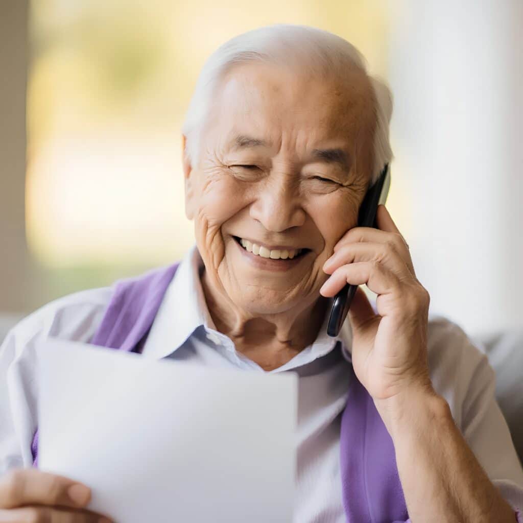 Un homme âgé aux cheveux blancs sourit en parlant sur un téléphone intelligent et tenant un bout de papier, assis à l’intérieur avec une douce lumière naturelle en arrière-plan.