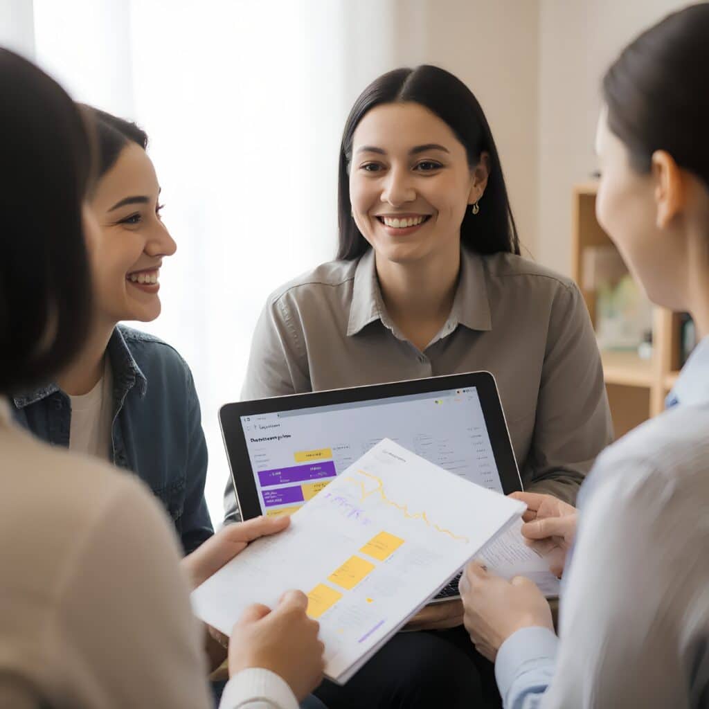 Four women sit together in an office, smiling and discussing documents and a tablet displaying graphs and charts, suggesting a collaborative business meeting or brainstorming session.