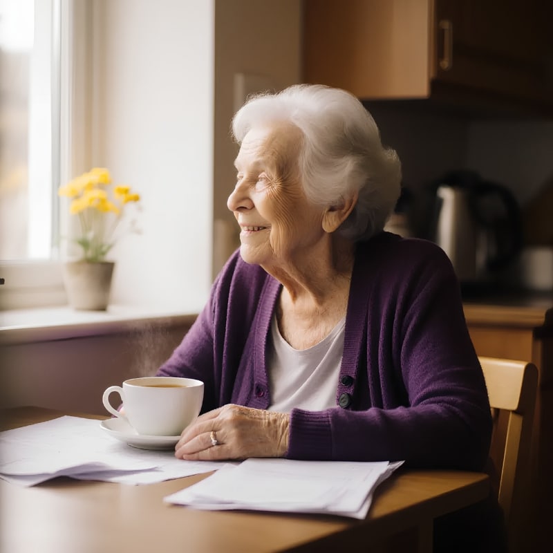Une femme âgée aux cheveux blancs et au cardigan violet est assise à une table près d’une fenêtre, souriante et tenant une tasse de café. Des papiers sont étalés sur la table et une plante en pot est visible à l’arrière-plan.