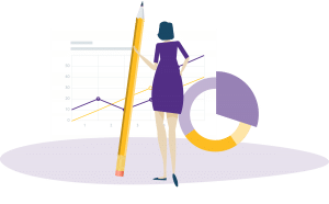 Illustration d’une femme en robe violette tenant un grand crayon, debout devant un graphique linéaire et un graphique circulaire segmenté.