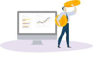 Illustration d’une personne tenant de grosses pièces d’or, debout à côté d’un écran d’ordinateur affichant des graphiques et des tableaux.