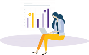Illustration d’une femme assise et travaillant sur un ordinateur portable, avec un tableau à barres avec des barres violettes et jaunes affichées en arrière-plan.