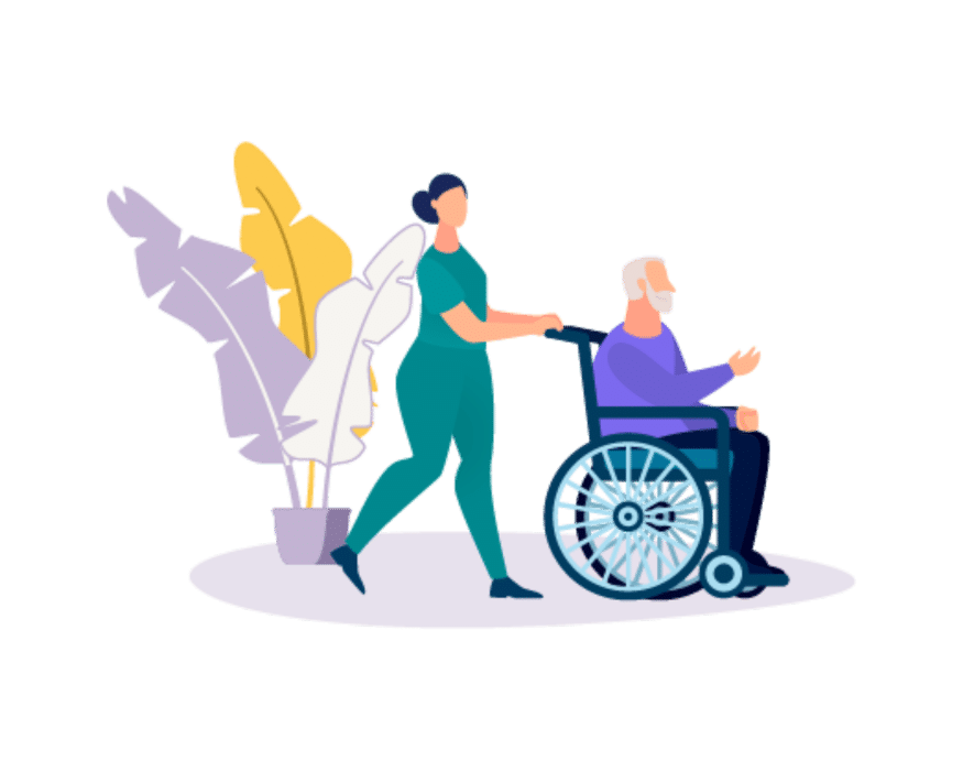 PSW worker helping a patient in a wheelchair illustration