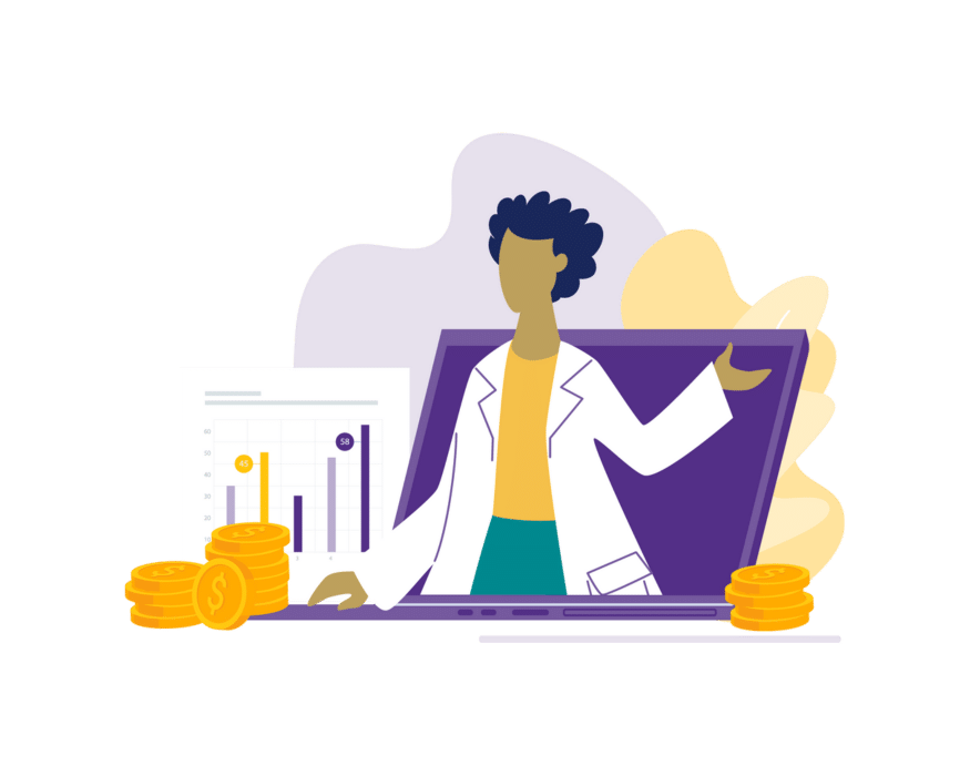 PSW worker in laptop showing charts with coins representing savings illustration