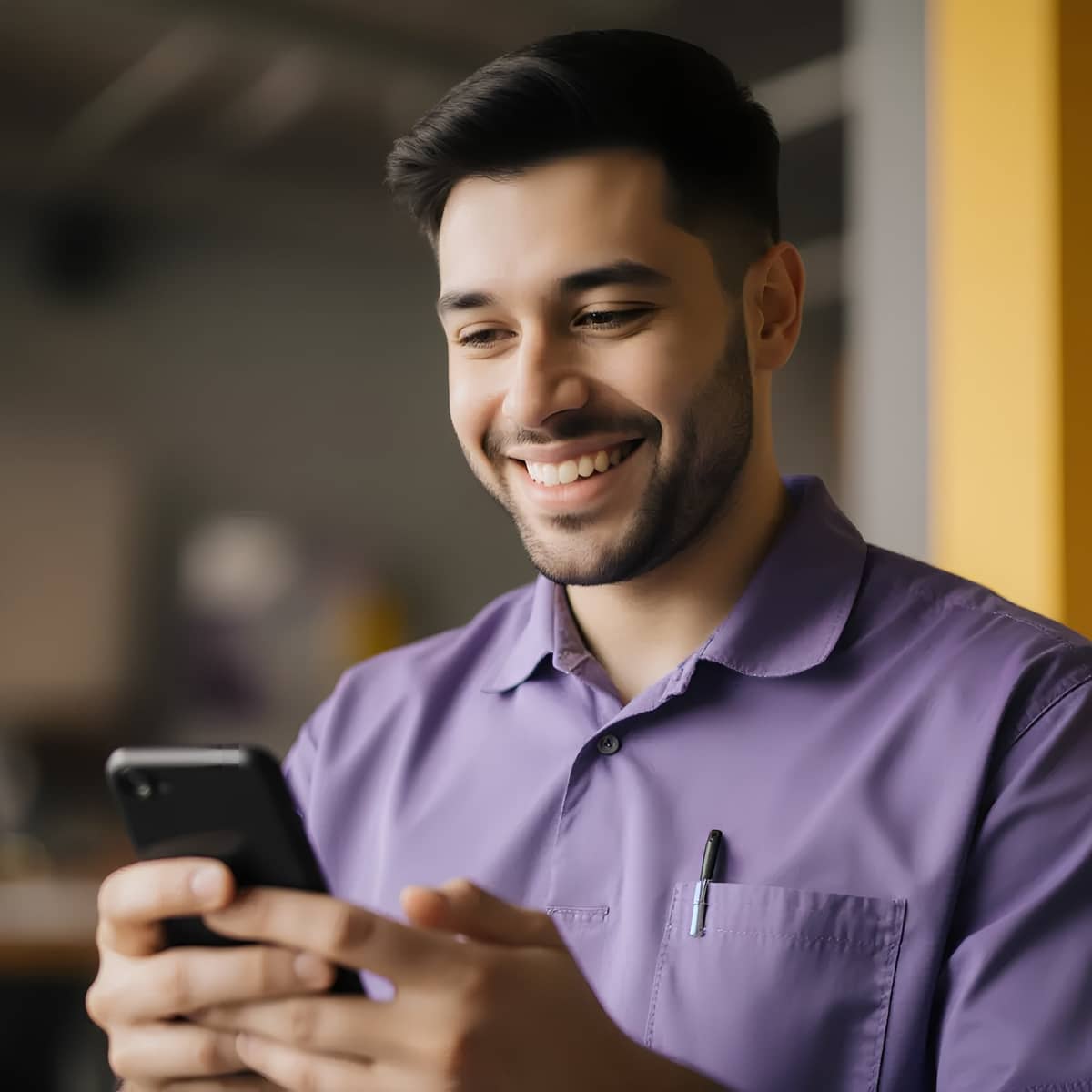 Un jeune homme aux cheveux foncés et à la barbe, portant une chemise violette avec un stylo dans la poche, sourit en regardant son téléphone intelligent à l’intérieur.