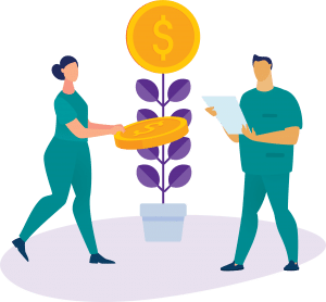 Illustration of two people placing a large coin on a potted plant with purple leaves and a gold coin at the top, symbolizing financial growth or investment through a Retirement Savings Plan.
