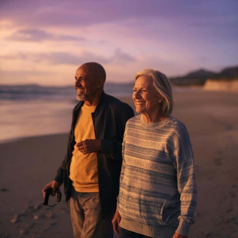 An older couple smiles while walking along a sandy beach at sunset, enjoying their golden years and the peace of mind from a solid Retirement Savings Plan. Gentle waves and distant cliffs complete the warm, tranquil scene.