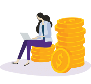 Illustration of a woman sitting on a stack of large gold coins while working on a laptop, with more stacks nearby, symbolizing financial success or online earnings through a Retirement Savings Plan.