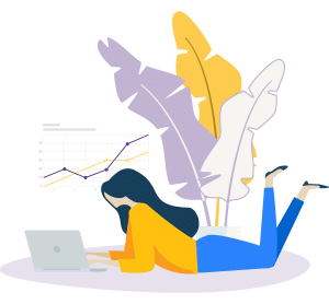 Illustration of a woman lying on her stomach using a laptop, with a large abstract plant behind her and a Retirement Savings Plan chart with colored lines displayed in the background.
